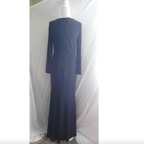 NEW XSCAPE Black Jersey LONG-SLEEVE Draped RUFFLE Contrast-Slit EVENING GOWN - Picture 7 of 10